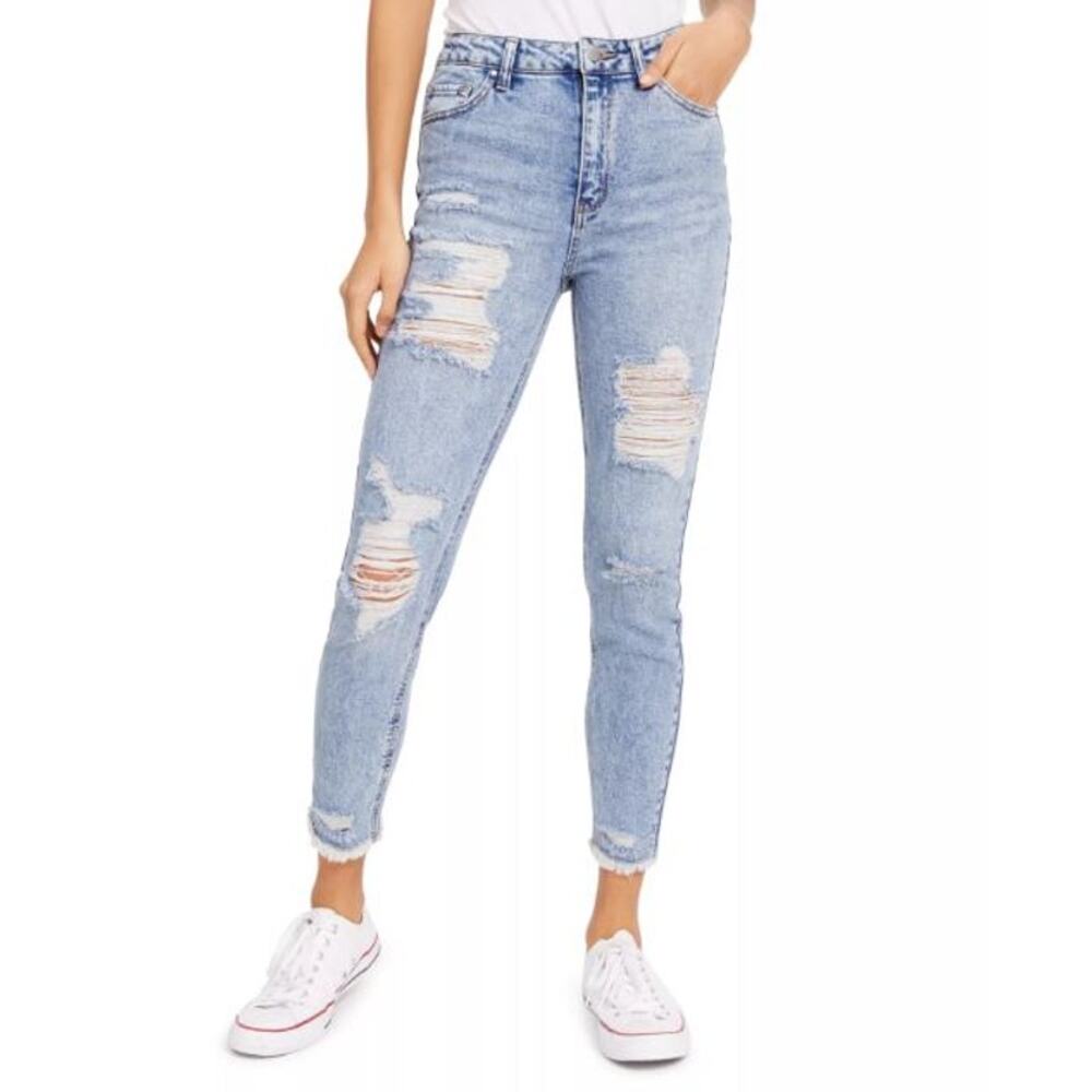 Tinseltown Women's High Rise Distressed Mom Jeans Skinny Leg Blue Size 1/25